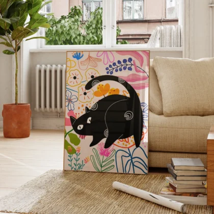 Black Cat Art Print with Flowers