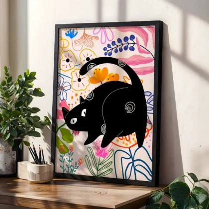 Black Cat Art Print with Flowers