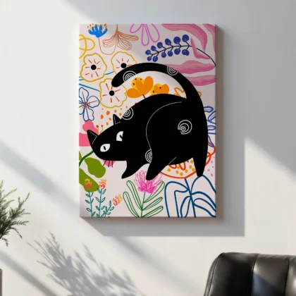 Black Cat Art Print with Flowers
