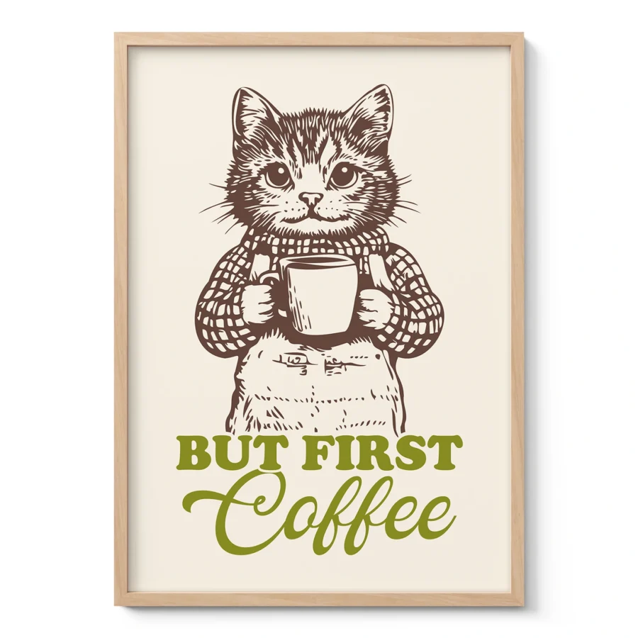 Cat Art Print – But First Coffee