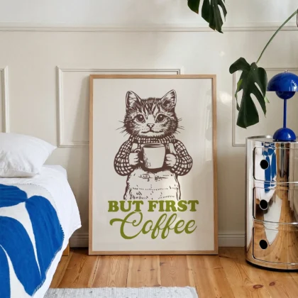 Cat Art Print – But First Coffee