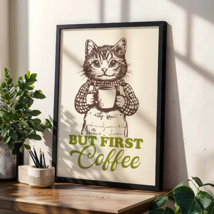 Cat Art Print – But First Coffee