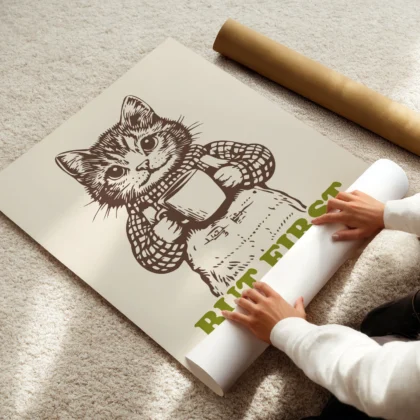 Cat Art Print – But First Coffee