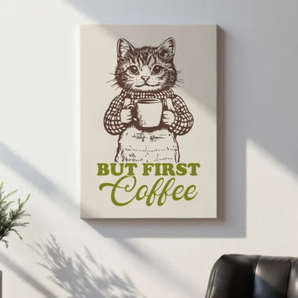 Cat Art Print – But First Coffee