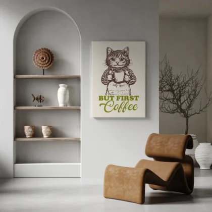Cat Art Print – But First Coffee