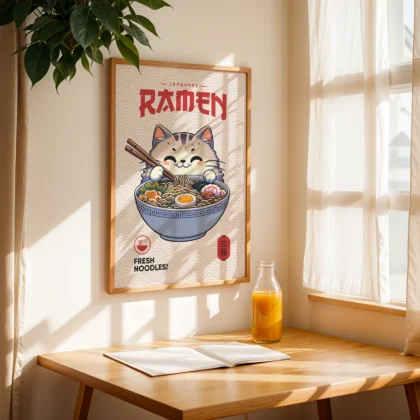 Cat with Ramen Bowl – Noodle Art Print