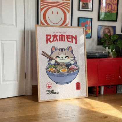 Cat with Ramen Bowl – Noodle Art Print