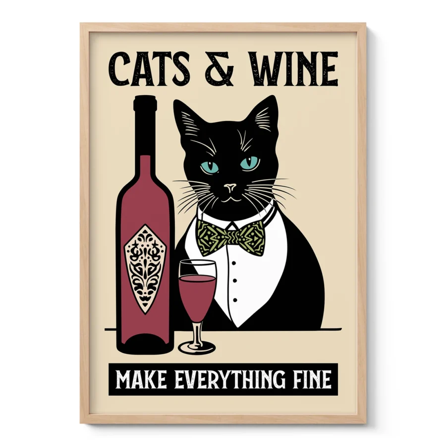 Cat with Wine Bottle – Kitchen Wall Art