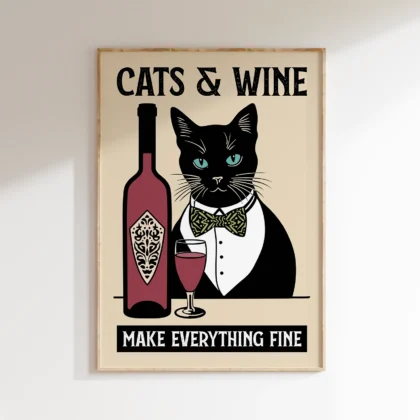 Cat with Wine Bottle – Kitchen Wall Art
