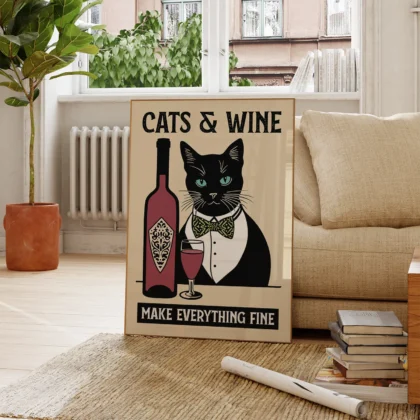 Cat with Wine Bottle – Kitchen Wall Art
