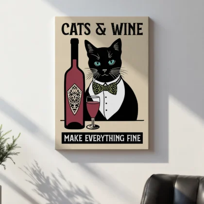 Cat with Wine Bottle – Kitchen Wall Art