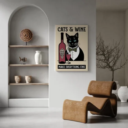 Cat with Wine Bottle – Kitchen Wall Art