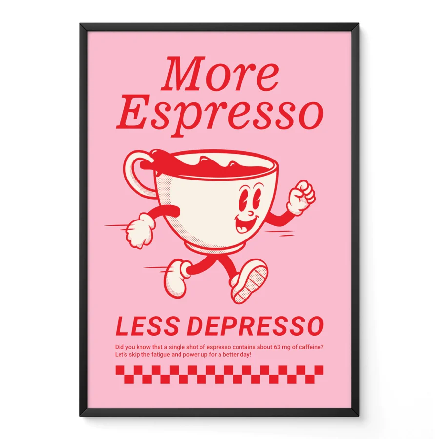 Retro Coffee Wall Art – More Espresso Less Depresso – Pink