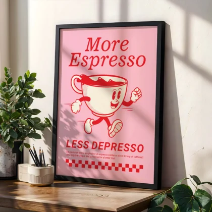 Retro Coffee Wall Art – More Espresso Less Depresso – Pink