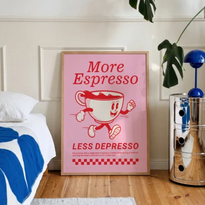 Retro Coffee Wall Art – More Espresso Less Depresso – Pink