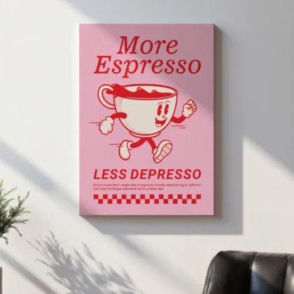 Retro Coffee Wall Art – More Espresso Less Depresso – Pink
