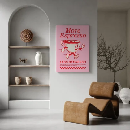 Retro Coffee Wall Art – More Espresso Less Depresso – Pink