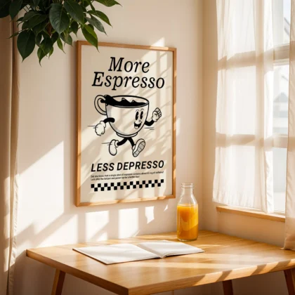 Retro Coffee Wall Art – More Espresso Less Depresso – Black