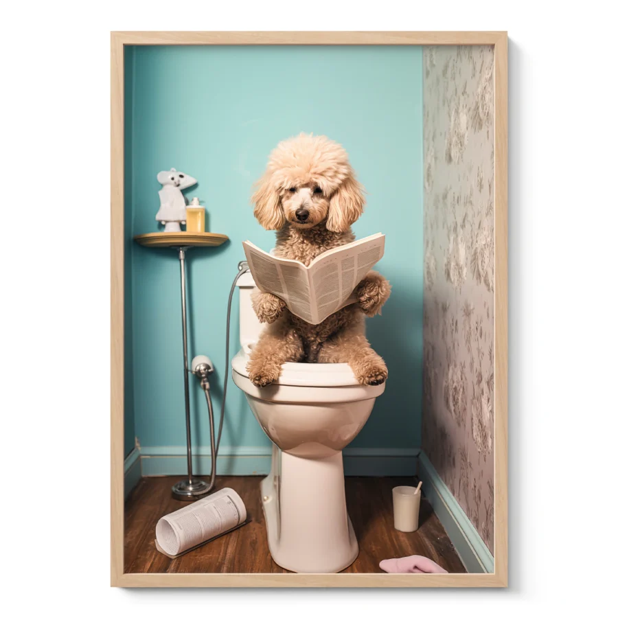 Wandbild – Hund auf der Toilette beim Zeitunglesen