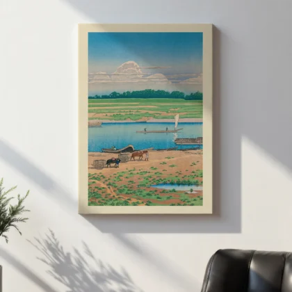 Flusslandschaft mit Booten – Hasui Kawase Wandbild