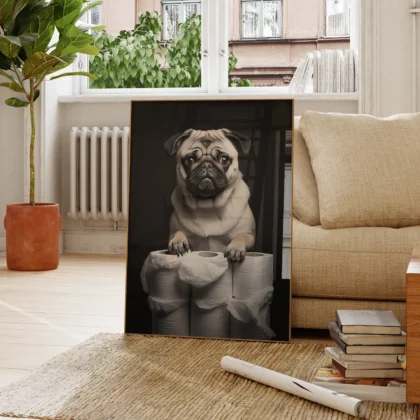 Wandbild – Mops mit Toilettenpapier