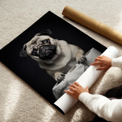 Wandbild – Mops mit Toilettenpapier