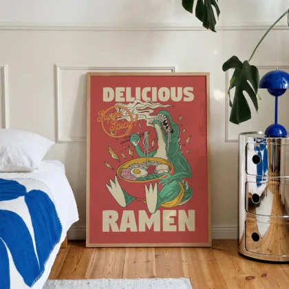 Super Spicy Ramen Wall Art – Dinosaur Poster or Canvas Print