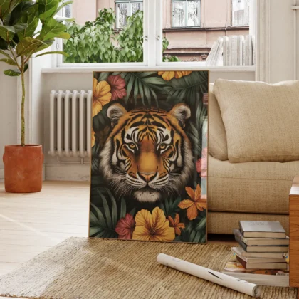 Wandbild – Tiger zwischen Blumen