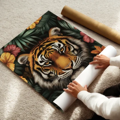 Wandbild – Tiger zwischen Blumen