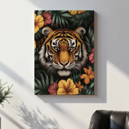 Wandbild – Tiger zwischen Blumen