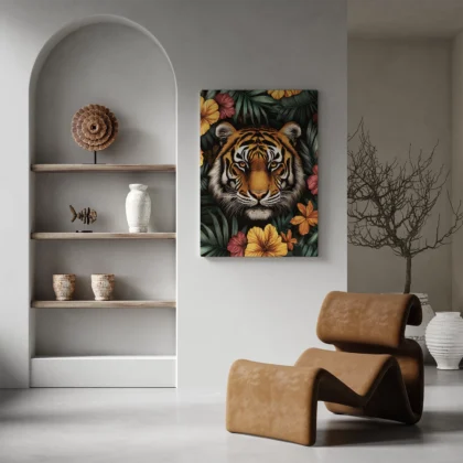 Wandbild – Tiger zwischen Blumen