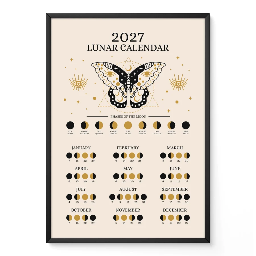 2027 metų Mėnulio kalendorius su drugeliu – minimalistinis dizainas
