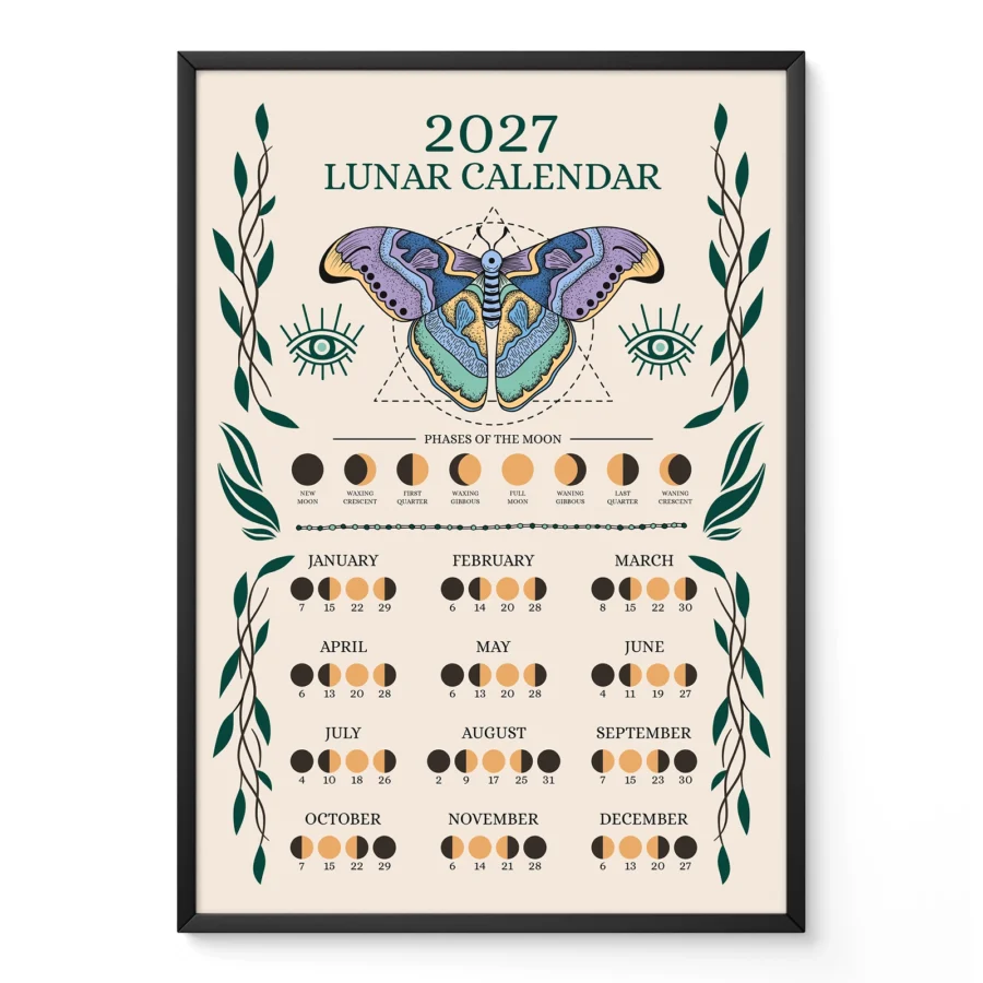 2027 metų Mėnulio kalendorius su drugeliu