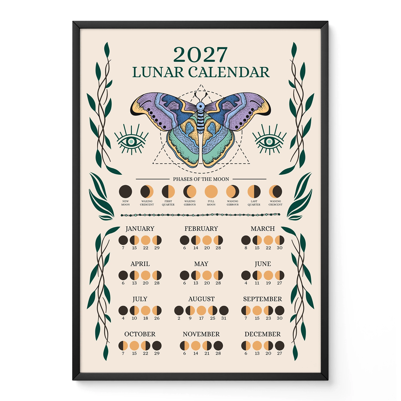 2027 metų Mėnulio kalendorius su drugeliu